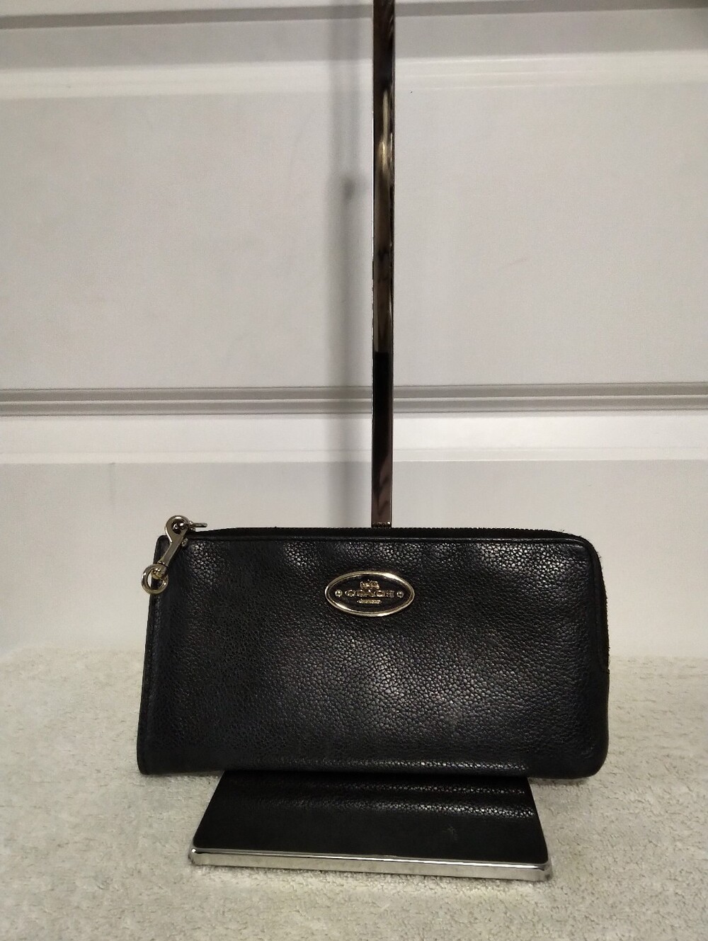 Coach Black Pebbled Leather Zip Wallet with Gold Logo Plaque